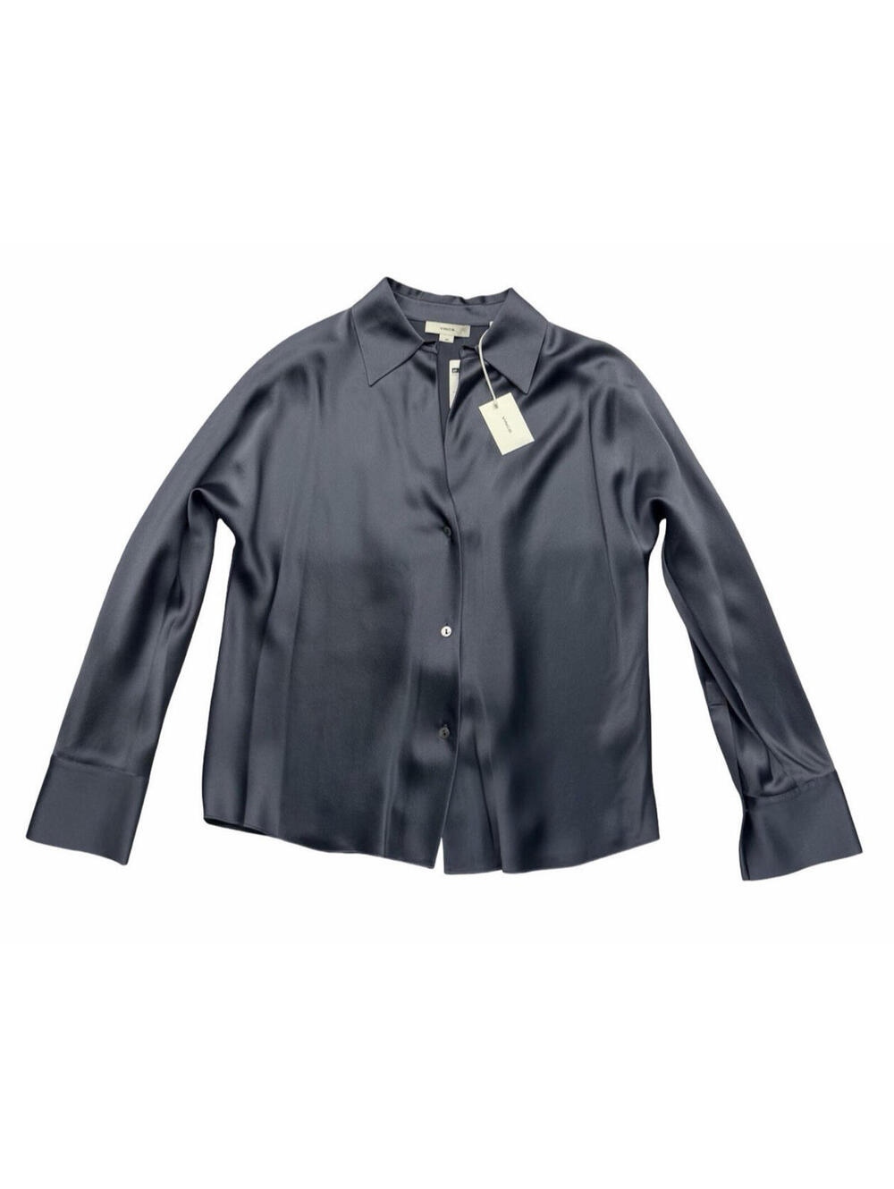 Vince Silk Bias Long Sleeve V-Neck Button Blouse Steel Blue Size S